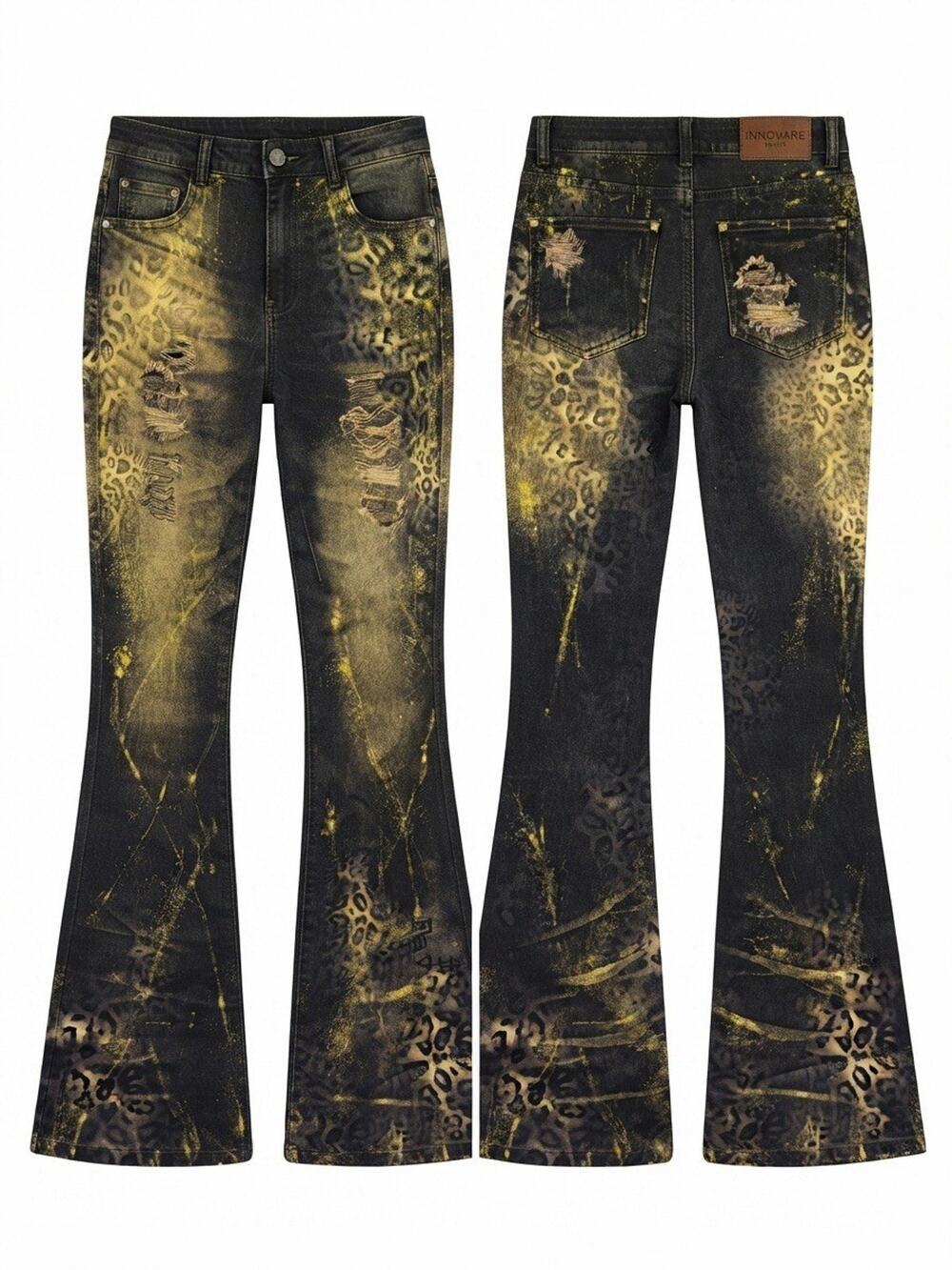 Innovare Denim Leopard & Bleach Wash Flare Jeans Small 26waist34length